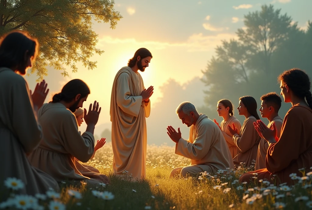 Create a serene and inspiring scene that depicts a moment of prayer with Jesus. Imagine a warm and spiritual atmosphere at dusk, with a soft golden light illuminating the space. In the center, visualize Jesus in a posture of blessing, with a look of peace and compassion, wrapped in a simple robe. Around Jesus, place a group of people of different ages and backgrounds, kneeling or in prayer position, demonstrating devotion and serenity. The setting may include a natural landscape in the background, such as a flowery field or a quiet forest, with trees and flowers that convey a sense of calm. Add details such as candles, a simple altar, and an open prayer book to accentuate the spiritual environment. The color palette should be soft and warm, with shades of gold, light blue and green, to create an atmosphere of peace and reverence.