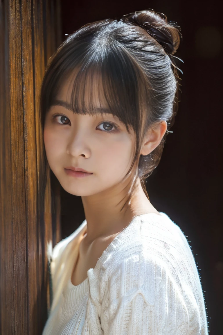 masterpiece, best quality, extremely detailed, (realistic, photo realistic:1.2), high resolution, RAW photo, 8k, Asian girl, 18yo, side bun,slender、Mid-chest、