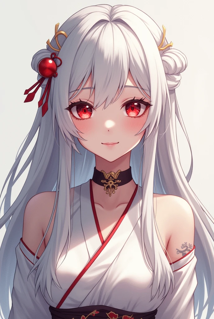 Long white haired woman with ruby red eyes ,,Her clothes are simple with Chinese style and a thin smile.anime art