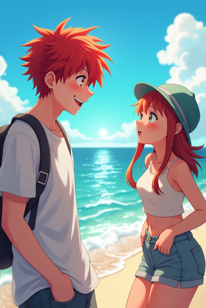 Style manga anime one piece, garçon de 18 ans, cheveux rouge, name katsu, souriant, arrière plan à la plage, parle à une fille de son age et se baigne
