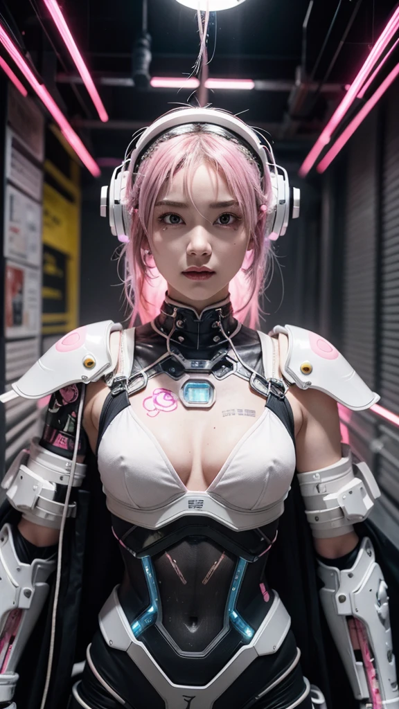 a CYBERPUNK HUMANOID female wearing a highly advanced armor in white and pink color made of metal and wires. her body is filled with glowing liquid to keep the temperature cool. The glowing liquid is flowing inside wires. Her face is engraved with glowing tattoos in japanese language. her body is perfect and she has hairs made of steel wires. She has camera lens in her left eye. Her one breast is open.