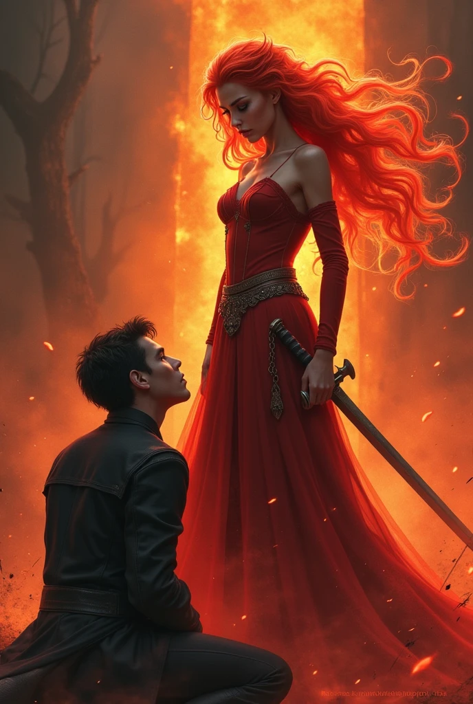 red hair in a fiery atmosphere,masked, and the princess who hides a sword behind her and looks at her with angry eyes like fire and a very, very handsome prince kneels before her and begs and looks into the princess's eyes with timid eyes