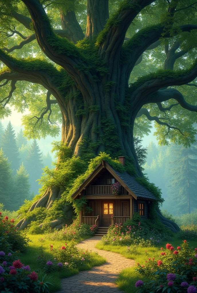 (photorealism:1.2), beautiful woman, sitting on bed, wearing loose off-shoulder top, pajama pants, long curly hair, indoors, soft lighting, plants in background, window with sunlight, cozy room, relaxed pose, realistic, intricate details, warm colors, by Greg Rutkowski, by Alphonse MuchaA serene, enchanting forest scene featuring a large, ancient tree with lush, green foliage. Nestled at the base of the tree is a small, cozy wooden cabin with a soft light glowing from its window. The cabin is surrounded by vibrant, blooming flowers, and the scene is bathed in soft, warm sunlight filtering through the dense canopy above. The atmosphere is peaceful, inviting, and full of natural beauty, creating a perfect hideaway deep within the forest."

This should help you capture the essence of the image in words.










