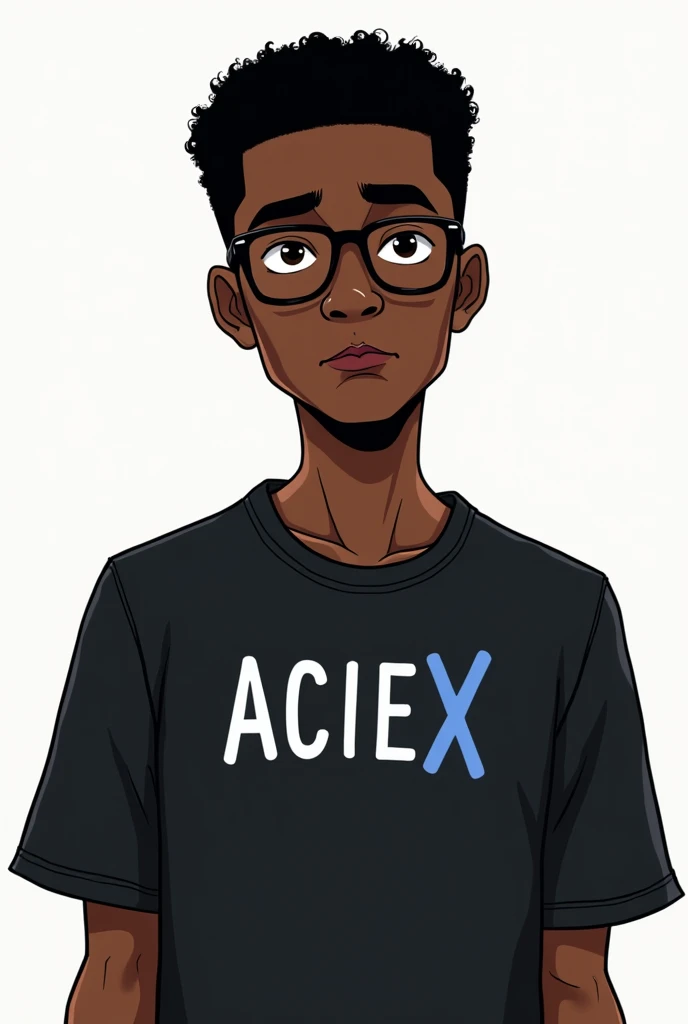 Drawing of a black nerd man, de camiseta preta, written Aciex, o Acie de cor azul eo X de cor branco