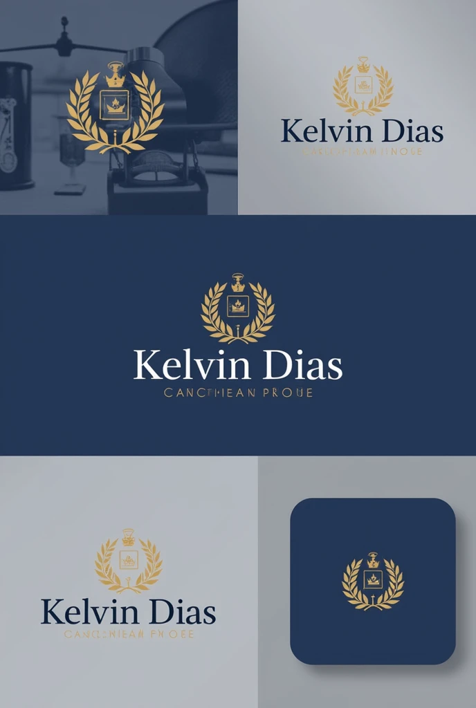 Create a visual identity for a law firm named Kelvin Dias with blue and gold colors