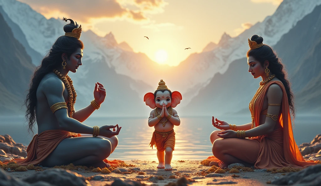 "Lord Ganesh, calm and thoughtful, walks in a circular motion around his parents, Lord Shiva and Goddess Parvati. He has a peaceful smile, and his hands are folded in reverence. Shiva and Parvati sit with gentle, loving expressions as they watch their son, understanding his wisdom. The background shows the beauty of Mount Kailash, with divine light illuminating the scene, creating a sacred and peaceful atmosphere."