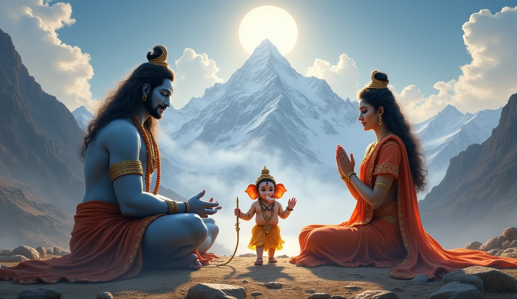 "Lord Ganesh, calm and thoughtful, walks in a circular motion around his parents, Lord Shiva and Goddess Parvati. He has a peaceful smile, and his hands are folded in reverence. Shiva and Parvati sit with gentle, loving expressions as they watch their son, understanding his wisdom. The background shows the beauty of Mount Kailash, with divine light illuminating the scene, creating a sacred and peaceful atmosphere."