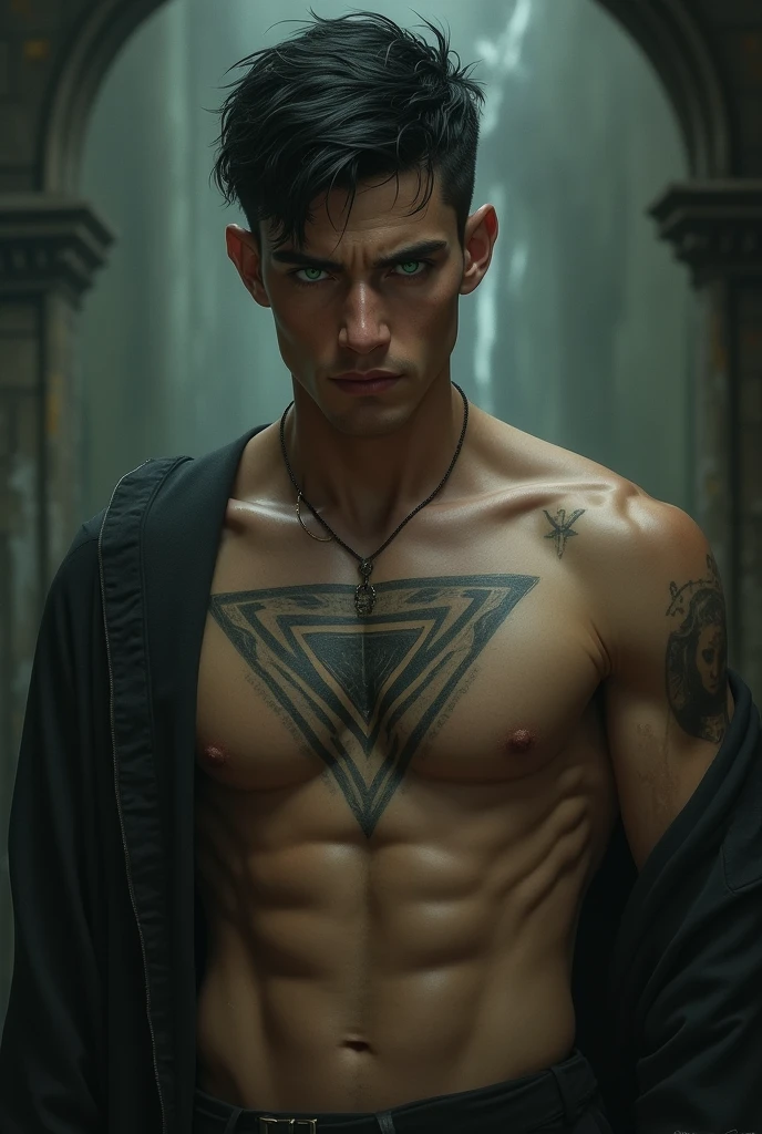 Light-skinned man with green eyes, short black hair and a tattoo on his abdomen (in triangular shape) with scars on the face (dark fantasy)