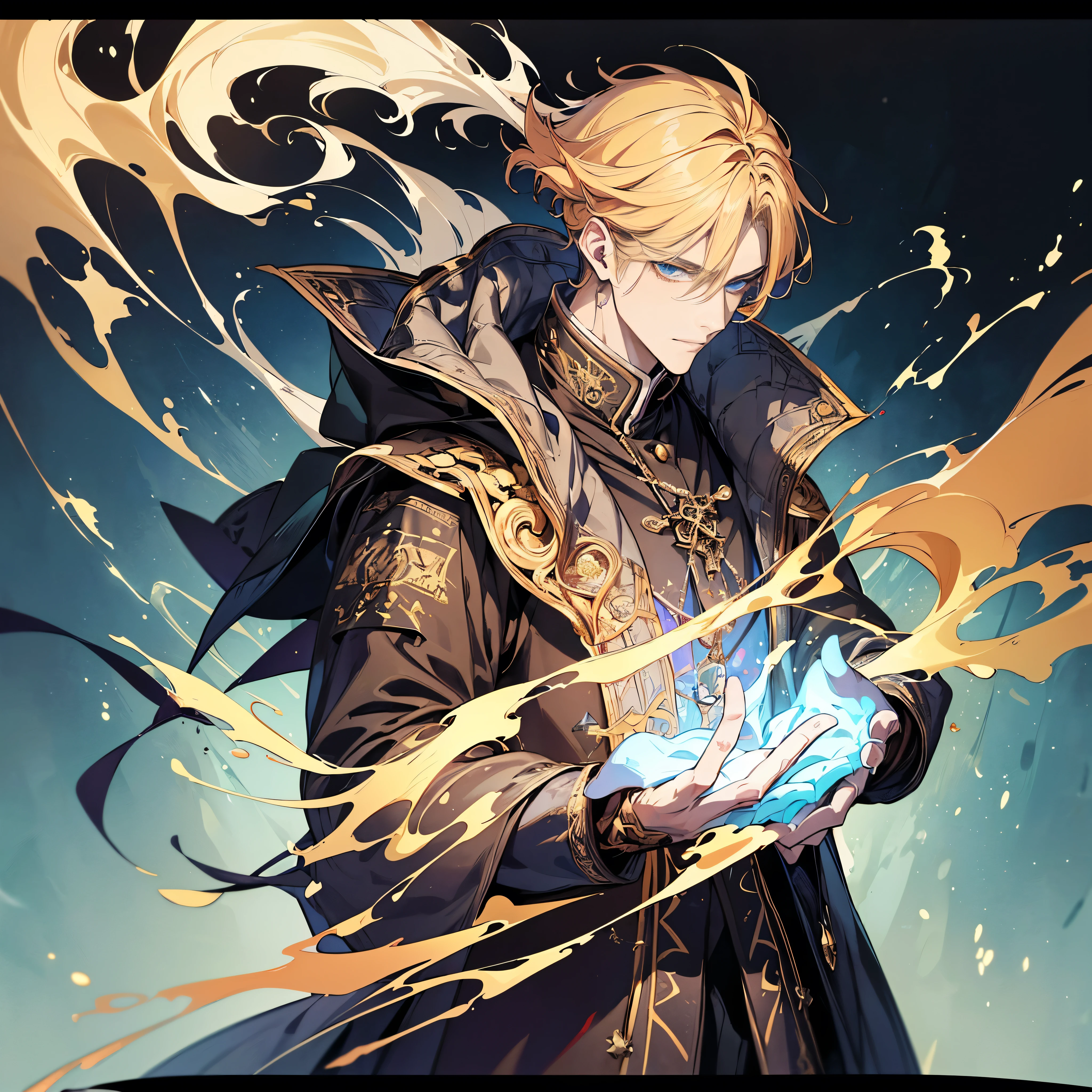 (in 8K、top-quality、masterpiece:1.2)、Vampire Lord、Cyberpunk men、fantasy worlds、dark backgrounds、Clean design、Magnificent Instagram、art stations、Colorful paint splatter、silhuette、Ultra-detailed intricate details、unrealengine、Fantasia、intricate detailes、Splash Screen、Complementary color scheme、Fantasy concept art、an oil painting、heavy strokes、Paint dripping、(isolated on white:1.3)、Rainbow skin、(((Handsome young man)))、(glowingblueeyes)、 ((Bright eye)), ((Long-Bang Yellow hair:1.1))), ((Black Millitary Coat)), (prinz\\(indifferent look\\),(Wearing a luxurious black robe with high detail))), Yellow-haired, Frost Rune magic, ((breastsout), ((Wizard)).