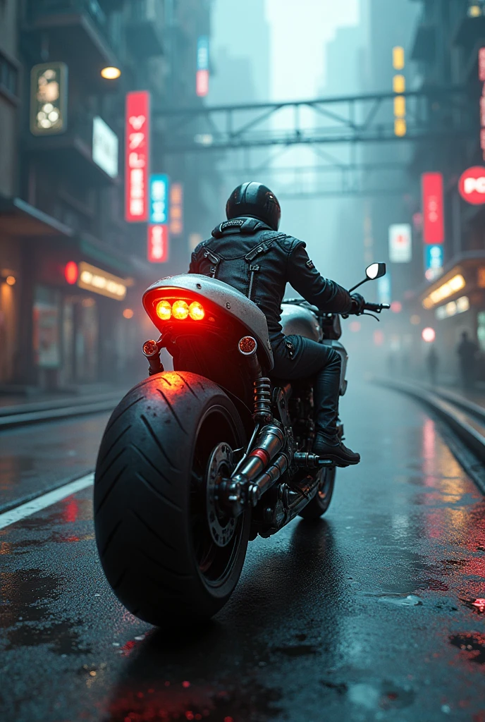 detailed cyberpunk motorcycle, futuristic motorcycle, riding on the road, motorcycle from behind, 1 person on a motorcycle, intricate details, High resolution, 8k, Photorealistic, hyper detailed, cinematic lighting, Dynamic motion blur, gritty urban environment, Neon lights, glowing cybernetic elements, chrome details, worn texture, mecha inspired design, complex machinery, industrial urban landscape, Changing the color palette, (Best Quality,4k,8k,High resolution,masterpiece:1.2),ultra detailed,sharp focus,(realist,photorealist,fotorrealista:1.37), Extremely fine,intricate details,intense lighting,dramatic lighting,lighting change,cinematic lighting,chiaroscuro lighting,dramatic shadows,dramatic moments,vivid colors,intense colours,Deep contrast,cinematic depth of field,cinematographic composition,cinematic camera angle