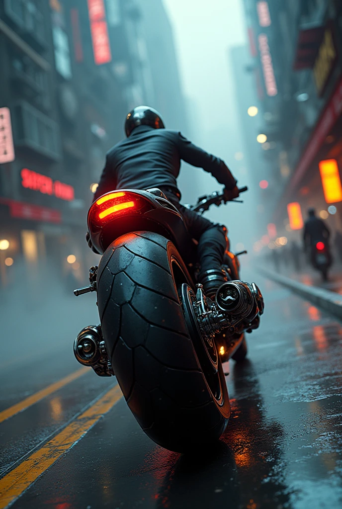 detailed cyberpunk motorcycle, futuristic motorcycle, riding on the road, motorcycle from behind, 1 person on a motorcycle, intricate details, High resolution, 8k, Photorealistic, hyper detailed, cinematic lighting, Dynamic motion blur, gritty urban environment, Neon lights, glowing cybernetic elements, chrome details, worn texture, mecha inspired design, complex machinery, industrial urban landscape, Changing the color palette, (Best Quality,4k,8k,High resolution,masterpiece:1.2),ultra detailed,sharp focus,(realist,photorealist,fotorrealista:1.37), Extremely fine,intricate details,intense lighting,dramatic lighting,lighting change,cinematic lighting,chiaroscuro lighting,dramatic shadows,dramatic moments,vivid colors,intense colours,Deep contrast,cinematic depth of field,cinematographic composition,cinematic camera angle