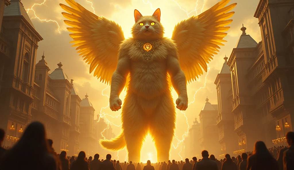 A cat, Color is yellow, So big it could swallow a poem, Holy, Seongsu, Stand on two legs, muscular body, Dressed in angel&#39;s clothes, A cat with a human face, 크기가 도시만한 고양이god, Rich medieval ancient city background, It is 100m in size, god화속세상, high detail, 8k, photorealistic, hyper realistic, god, Electricity surrounds the body, The eyes glow yellow., The crowd is bowing down to him..