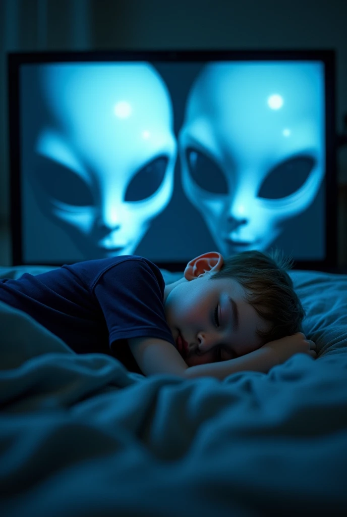 boy sleeping, and a television-type screen is projected onto the wall, showing the faces of two blue-colored Grey aliens.,  wearing a dark blue tight t-shirt 