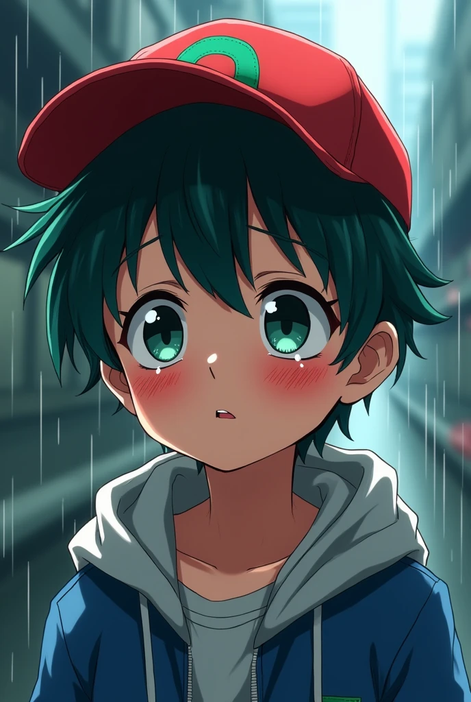 A highly detailed anime-style character, resembling a young boy wearing a red baseball cap and a blue jacket with a grey hoodie. The boy has dark green hair and is crying intensely, with large tears streaming down his face. His expression shows deep sadness and emotional distress. The background is slightly blurred with a dark, moody atmosphere, and there are hints of rain or water droplets. The image is colorful with a vibrant but emotional tone, capturing a dramatic moment