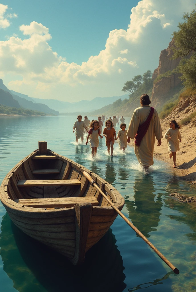 children run to Jesus and next to it is a deep lake and on the lake there is an old wooden boat with oars