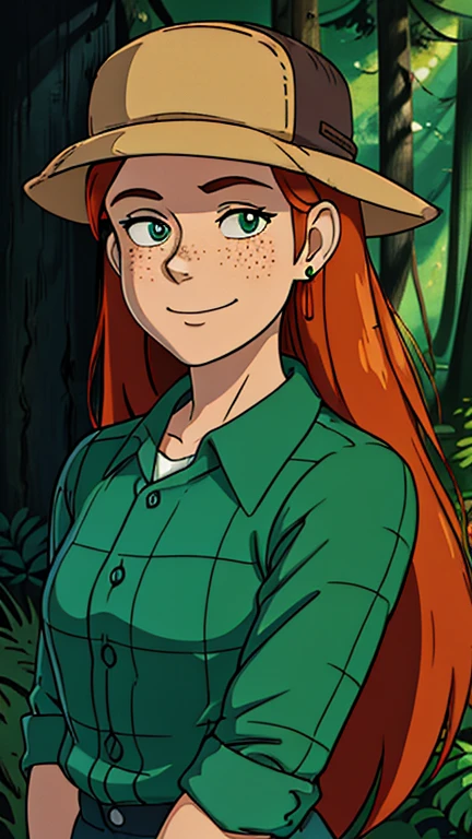 (1girl, wendy corduroy), (extremely detailed CG unit 8k wallpaper),(master part), (best quality), (ultra detail), (best illustration),(ghibli style), cowboy shot, (Sharp eyeliner, ombre, detail eyes:1), creepy woods, outdoors , break , (GHIBLI_Background), upper body, solo, hat, long hair, shirt, smile, orange hair, freckles, earrings, jewelry, green shirt, collared shirt,