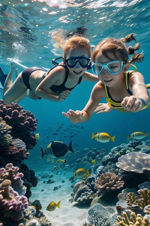 Happy skinny kids family scuba-diver sweden, with short ginger hair, dressed in light panties swimsuit, happy to pet fish, on a scorching summer day, in the lagoon on holidays.