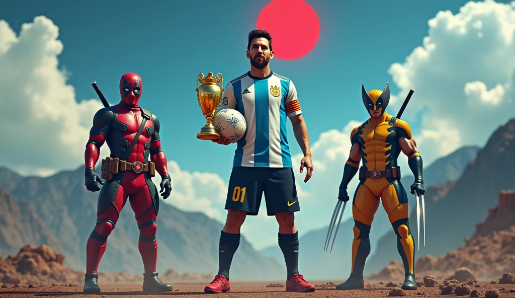 Generate an image showing Lionel Messi wearing the Argentina shirt next to the red Deadpool and the yellow Wolverine, The landscape must include an apocalypse or the end of the world and mountains in the background., under a blue sky with some fluffy clouds and a red moon . Messi must be holding the Copa America ball on his left foot and also have the World Cup in his right hand.. While Deadpool is making funny poses as he knows how to do and Wolverine is next to Messi, they should not be so close together 