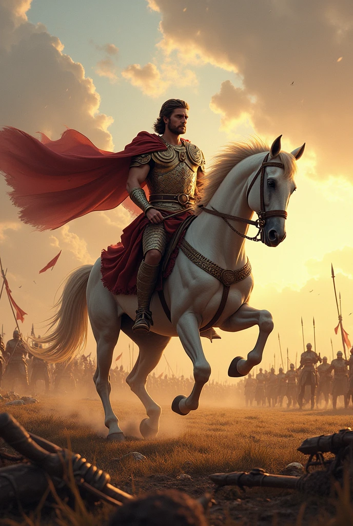 ALEXANDER the Great riding his horse in a field, epic