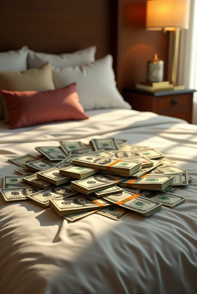 Create an image with 30 thousand dollars in bills on top of a bed with the money spread out