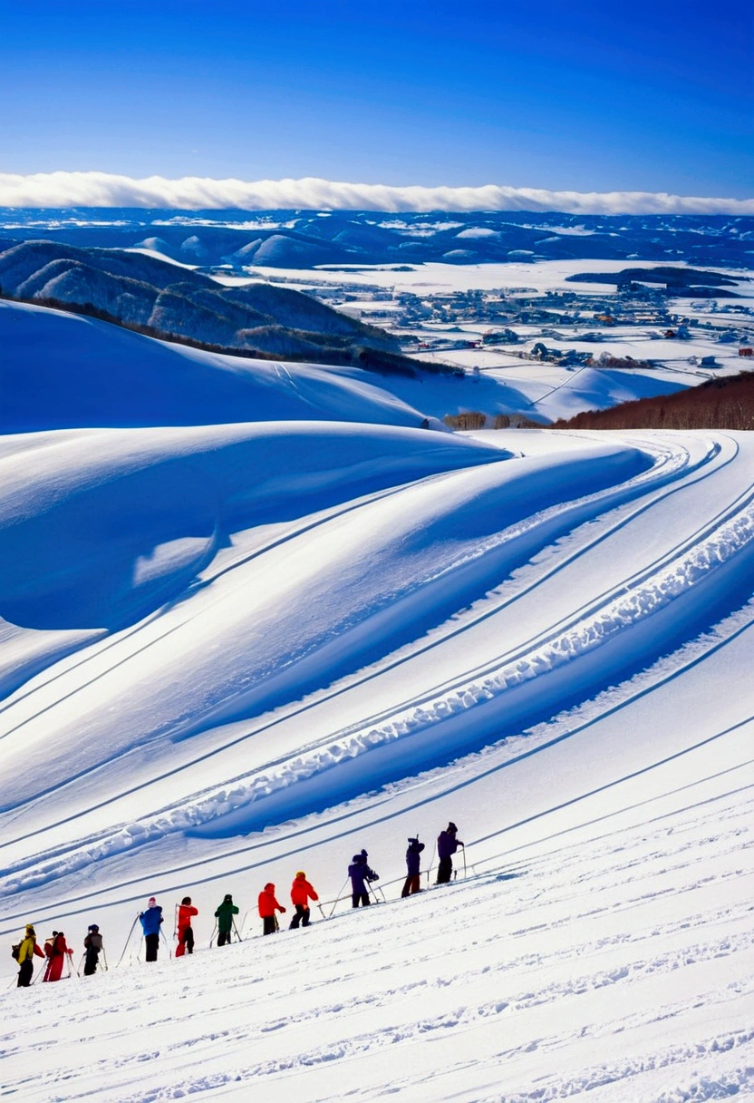 Snow Scenery, Hokkaido, Japan's snowy countryside, is a fairy tale wonderland in winter. Various activities such as snow covered cottages, ice sculpture festivals, and ski resorts have made Hokkaido a popular destination for tourists from all over the world. Here, you can experience the rich traditional Japanese culture and stunning snow scenery, (best quality, masterpiece, photorealistic), very aesthetic, perfect composition, intricate details, ultra-detailed, vivid colors