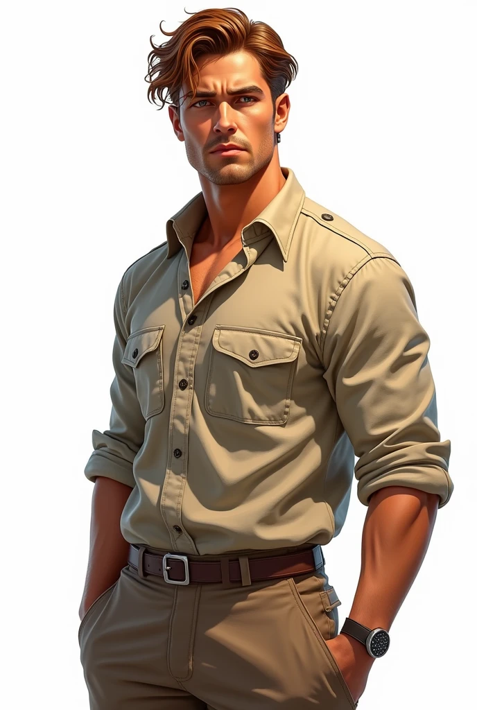 Create a hyper-realistic illustration of a young man, skin tanned, jaw and marked features, eyes browns, AND MEDIUM LONG HAIR, well combed back and coppery brown color, fully body, safari outfit, white background, vred
