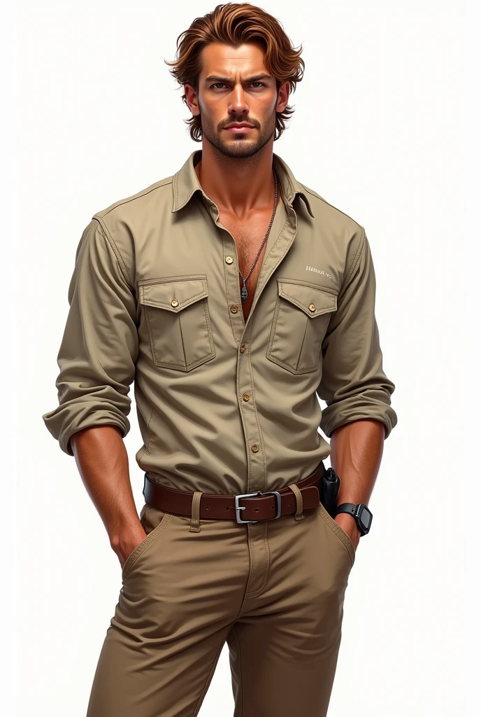 Create a hyper-realistic illustration of a young man, skin tanned, jaw and marked features, eyes browns, AND MEDIUM LONG HAIR, well combed back and coppery brown color, fully body, safari outfit, white background, vred
