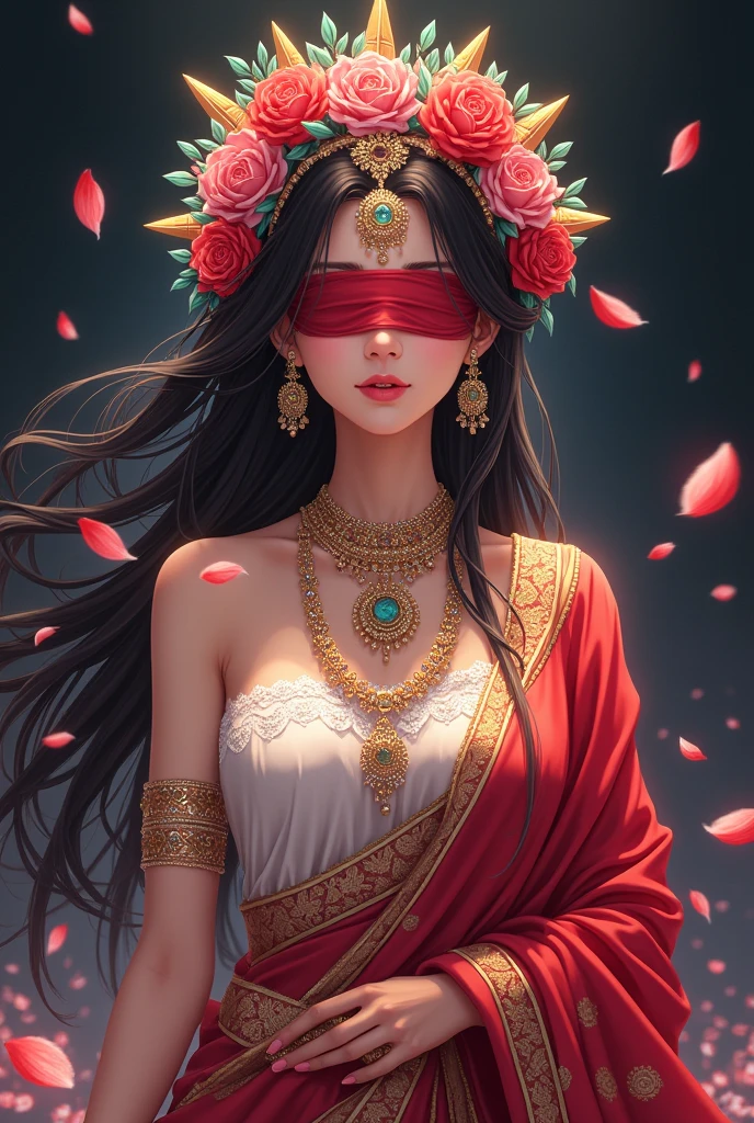 Create a anime style landscape image. Digital anime style illustration featuring a woman with long, flowing dark hair adorned with intricate floral and jewel headpieces. She is wearing a red and white sari with gold embroidery and detailed jewelry, including necklaces, bracelets, and earrings. Her eyes are covered with a red blindfold, adding a sense of mystery. The background is dark with soft, glowing lights and floating petals, creating a mystical atmosphere. 
