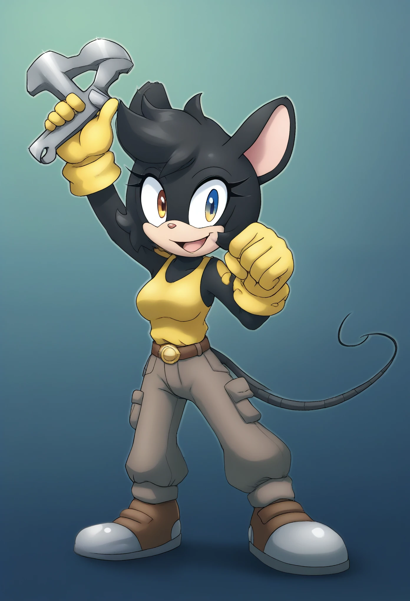 1girl, tail, gloves, solo, jumpsuit, heterochromic eyes, animal ears, hand on own hip, smile, open mouth, breasts, furry female, belt, furry, looking at viewer, wrench, artist name, pocket, arm up, outline, mouse ears, mouse tail, white outline, black hair, short hair, mobian, mobius city, happy, yellow gloves, grey gloves, mouse girl, medium breasts, shirt, animal nose, :d, cropped legs, standing, brown belt