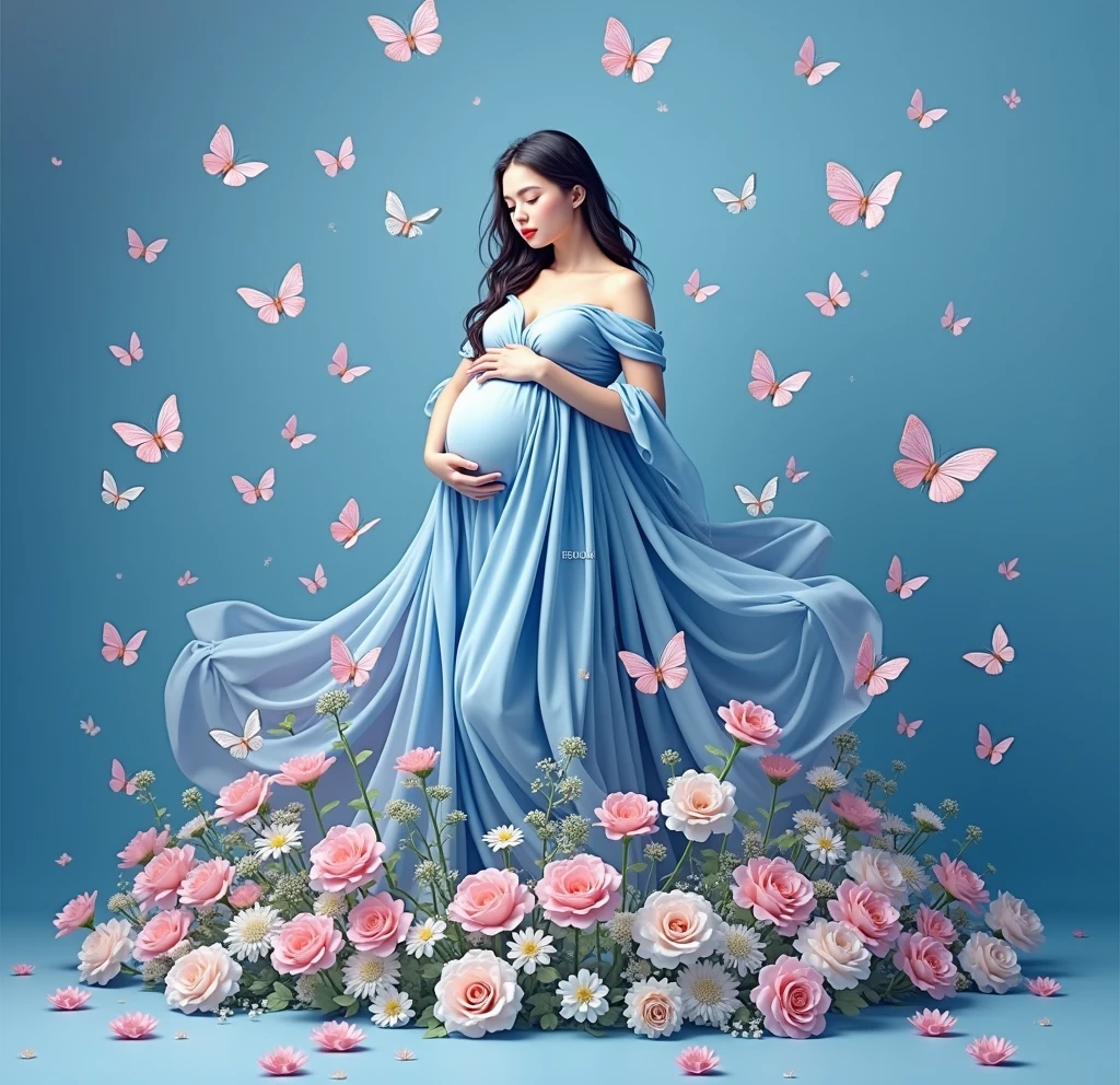 A pregnant woman stands amidst a flurry of pink and white butterflies, her flowing red dress cascading around her like a waterfall. She cradles her belly with both hands, embodying the serene beauty of anticipation. The backdrop is a soft blue gradient, adorned with scattered flowers in hues of pink and white, enhancing the ethereal atmosphere.