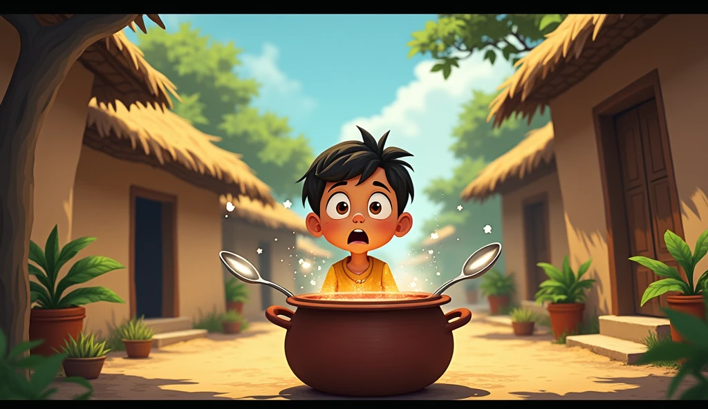 In cinematic 2d cartoon style log shot indian village The farmer’s son accidentally drops a spoon into the pot, and moments later, two identical spoons pop out, glowing with a magical aura..