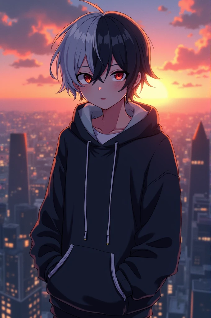 A aesthetic Cool anime boy with half black and white hair his left eye is yellow and right eye is red color Wearing hoddie and standing on top of high building rooftop evening time