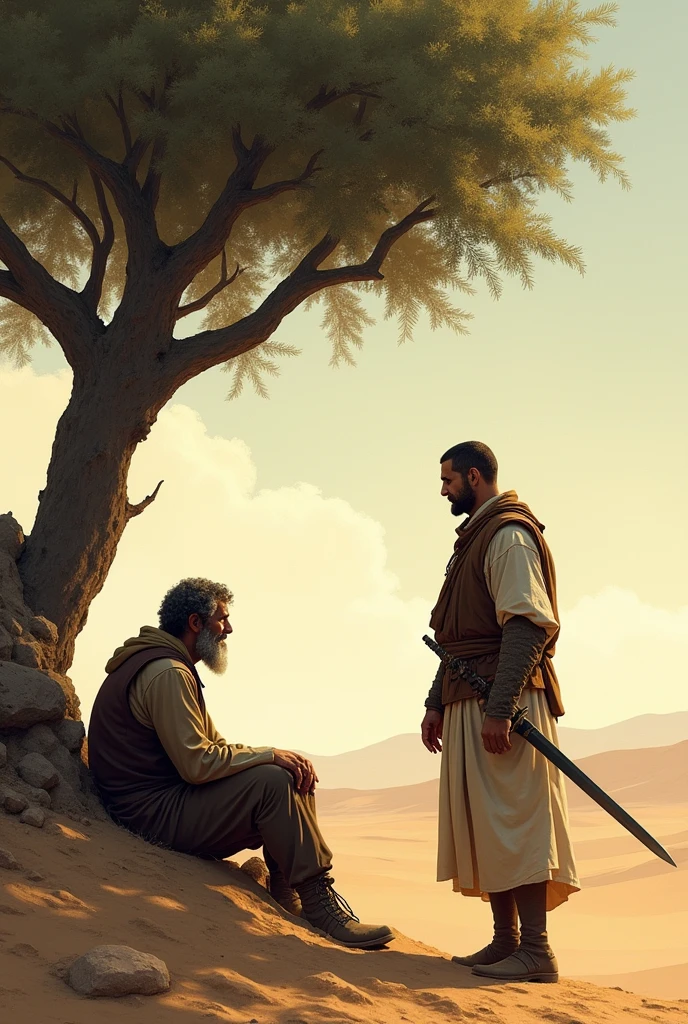 A man sits under a tree in the desert and another man with a sword asks who will save you