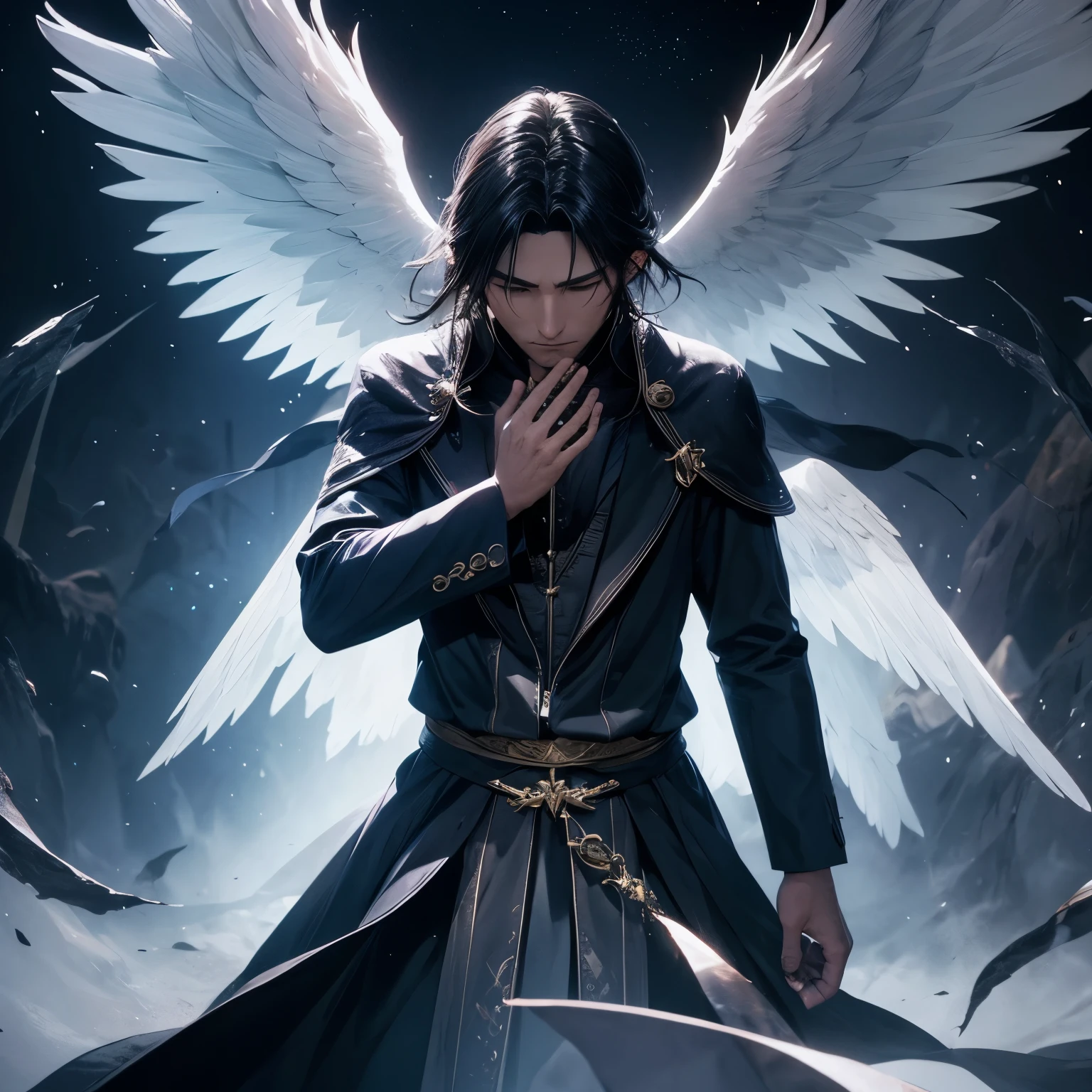 powerful being, dark mage, a man, celestial being, Angelic Wings, Praying Moment