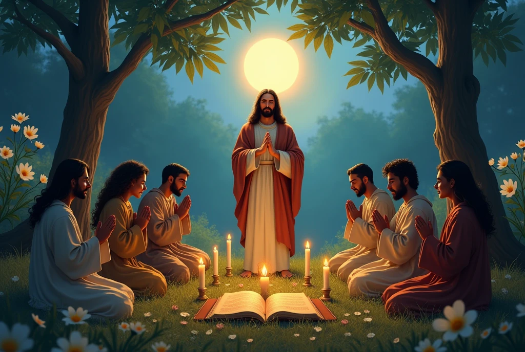 Create a serene and inspiring scene that depicts a night of prayer with Jesus. Imagine a spiritual and welcoming environment at twilight, illuminated by a soft golden light that hides behind the shadows of the night. En el centro de la imagen, visualize Jesus in a posture of blessing, with an expression of peace and compassion, dressed in a simple, enveloping cloak. Ao redor de Jesus, put a group of people of different ages and backgrounds, kneeling or in prayer position, reflecting devotion and serenity. The setting may include a natural backdrop, like a flowery field in the moonlight or a quiet forest, with trees and flowers that evoke a feeling of calm. Include details like lit candles, a simple altar and an open prayer book to enhance the spiritual atmosphere. The color palette should be soft and warm., with golden tones, light blue and green, to create an atmosphere of peace and reverence as the evening progresses.