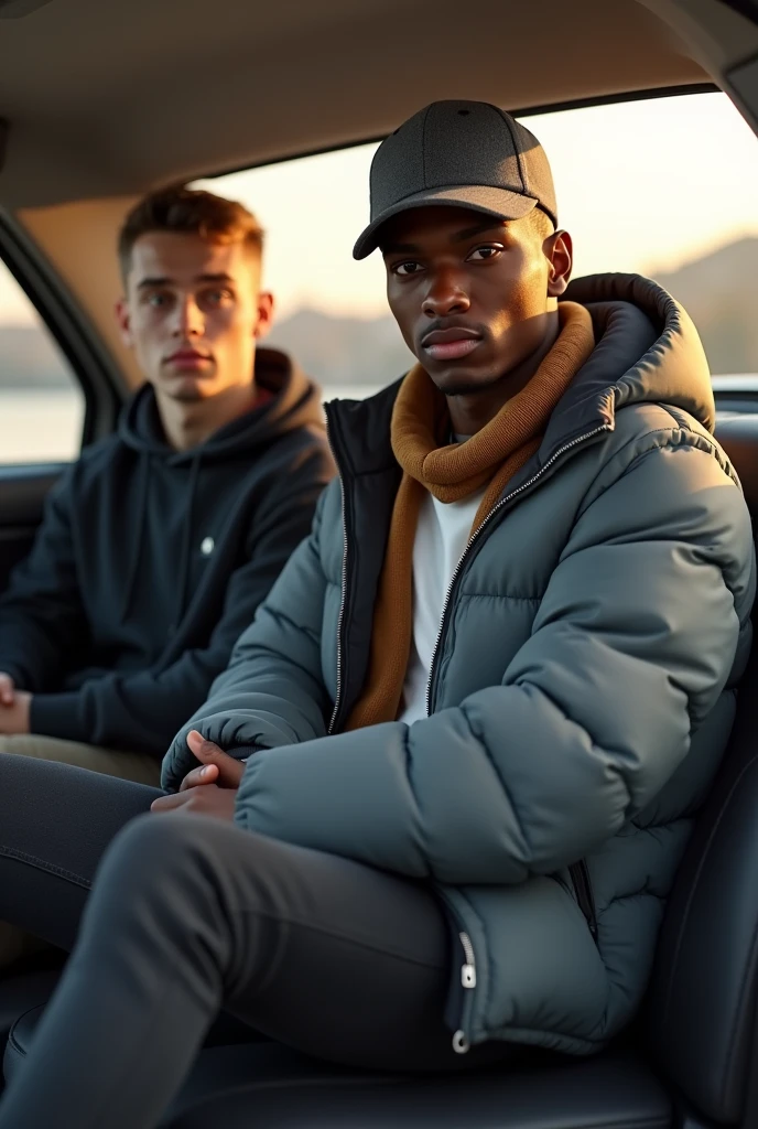 best qualityer:1.4), (ultra high resolution:1.2), (photorrealistic:1.4), (8k, CRU photo:1.2), 1 young black man, 20 years old. he is wearing a white shirt, gray puffer coat on top. He is wearing black jeans. Corte de cabelo buzzcut. He's wearing a gray cap backwards. He's wearing black sneakers. He is sitting in the back seat of the car. Corte de cabelo buzzcut. thin build. It's not blurry in the background. thin build. thin build. has 1.75 tall. There is a sun . best qualityer:1.4), (ultra high resolution:1.2), (photorrealistic:1.4), (8k, CRU photo:1.2), 1.75 tall. He is wearing a brown scarf. There is a young man next to him, is wearing a black sweatshirt, He's wearing light jeans, has light brown hair. thin build