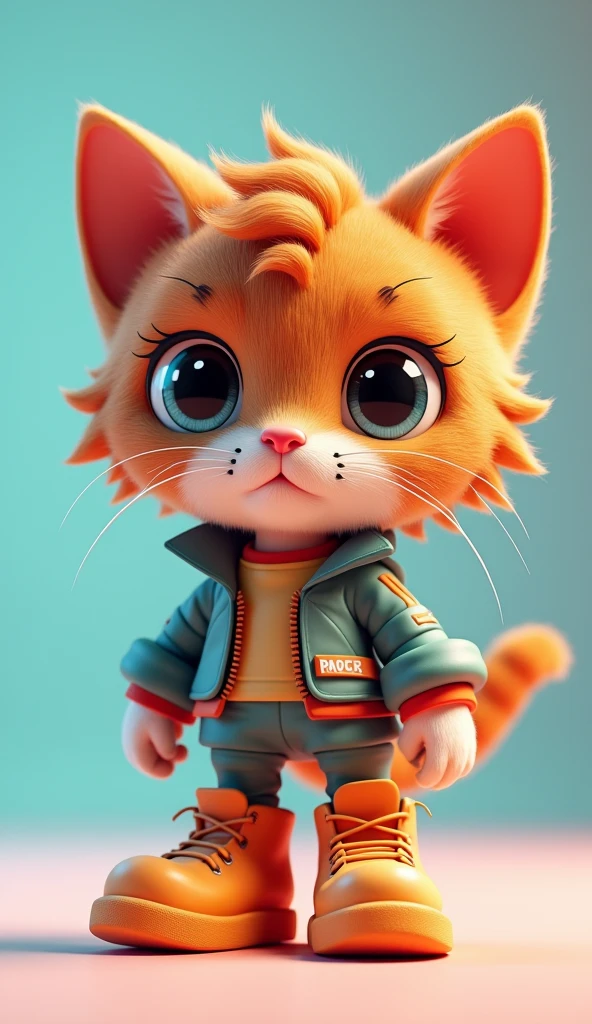 Beautiful cat, Male, 3d toy, 3d rendering, ip, cyberpunk style, brown curly hair, chibi, cute cat, simple background, best quality, c4d, blender, 3D MODEL, TOYS, VIVID COLORS, STREET STYLE, HIGH RESOLUTION, A LOT OF DETAILS, PIXAR, CANDY COLORS, BIG SHOES, FASHION TRENDS, ART.