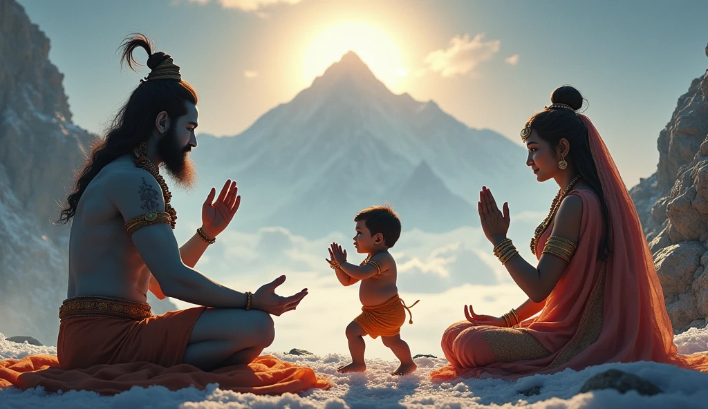"Lord Ganesh, calm and thoughtful, walks in a circular motion around his parents, Lord Shiva and Goddess Parvati. He has a peaceful smile, and his hands are folded in reverence. Shiva and Parvati sit with gentle, loving expressions as they watch their son, understanding his wisdom. The background shows the beauty of Mount Kailash, with divine light illuminating the scene, creating a sacred and peaceful atmosphere."