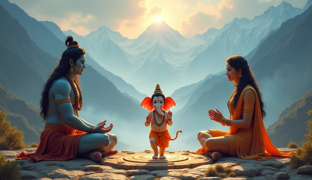 "Lord Ganesh, calm and thoughtful, walks in a circular motion around his parents, Lord Shiva and Goddess Parvati. He has a peaceful smile, and his hands are folded in reverence. Shiva and Parvati sit with gentle, loving expressions as they watch their son, understanding his wisdom. The background shows the beauty of Mount Kailash, with divine light illuminating the scene, creating a sacred and peaceful atmosphere."