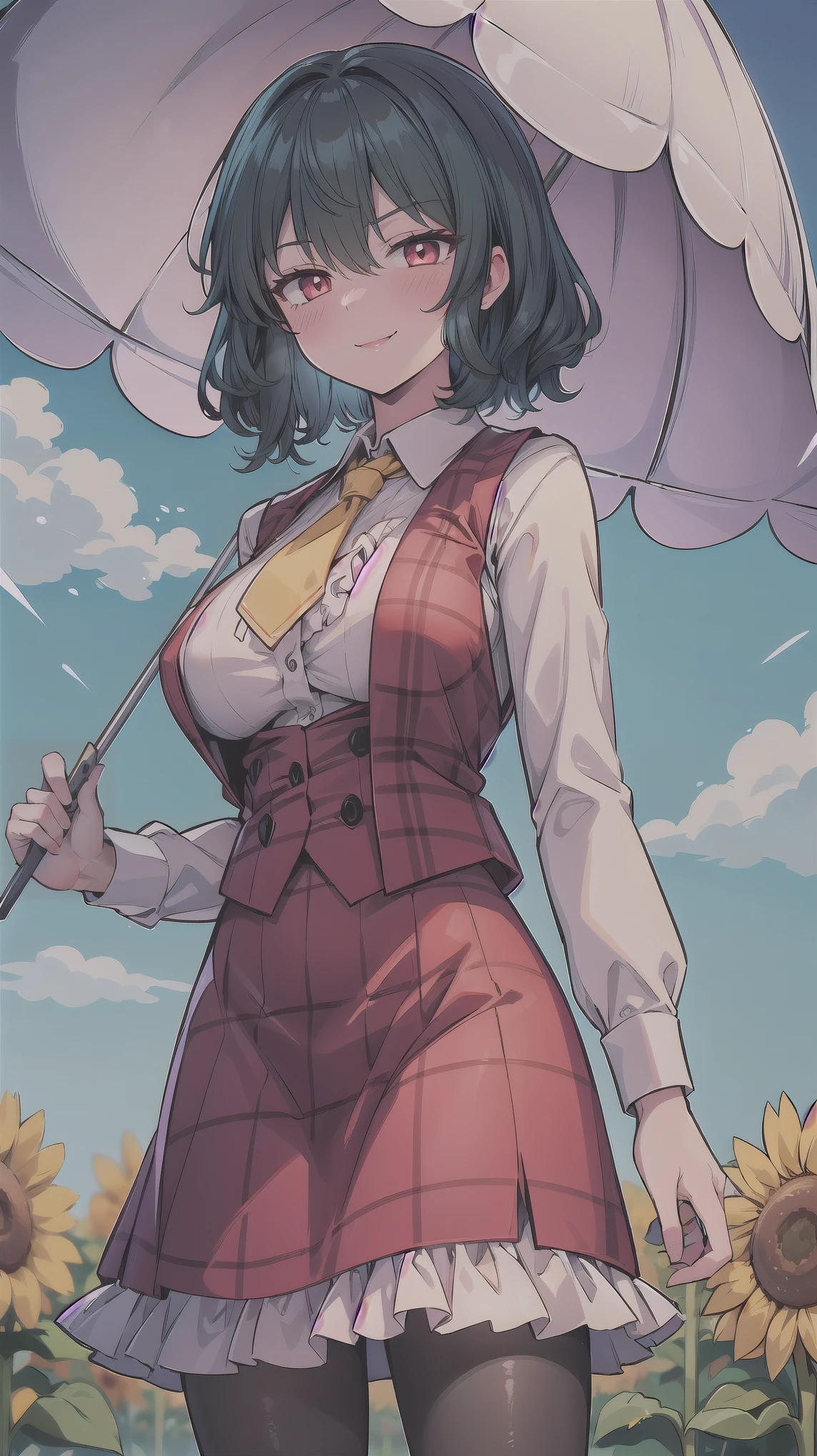 （（super high quality,Ultra-high resolution,16K,super masterpiece,Ultra HD ,Detailed shading,））One Woman,Wavy, shiny, bright emerald short hair,White dress shirt,Long sleeve,Yellow ruffled tie,（Unbuttoned red checked vest,Checkered red very long skirt,）Black tights,Ruby glowing eyes,Vertical pupil,Very aggressive look,Sharp Eyes,Smiling lips,blush,（（She is holding a large frilly pink parasol in one hand.,））a blue sky with clouds and sun,Sunflower field,