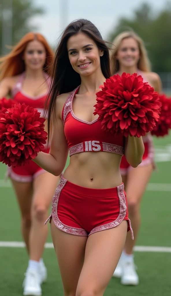 ultra realistic, photography, three girls: one with long straight red hair, (30 years old, hourglass figure, perfect body, natural medium breasts), the second one: long black straight hair, (30 years old, hourglass figure, perfect fit body, natural big breasts), the third one with long straight blonde hair, (wavy elegant hair, blue eyes, perfect round lips, 30 years old, gorgeous face, voluptuous figure, perfect fit body, big enhanced breasts), they have perfect round cleavage, great cleavage, they are cheerleaders in red skimpy short uniforms on a footballfield, they have pompoms in their hands and are doing cheerleading