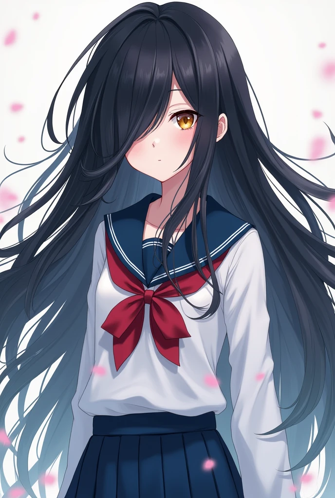 1girl, solo, black hair, long hair, bangs, hair between eyes, eyebrows visible through hair, looking at viewer, white shirt, serafuku, red bow, red bowtie, blue sailor collar, sailor collar, bowtie, long sleeves, blue skirt, pleated skirt, simple backgroundbest quality, amazing quality, very aesthetic, absurdres make her little free and little realistic