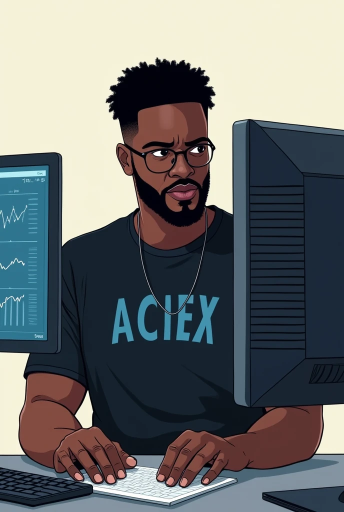 Drawing of a black nerd man, de camiseta preta, written Aciex, the blue colored Acie, the white colored X, he is analyzing data
