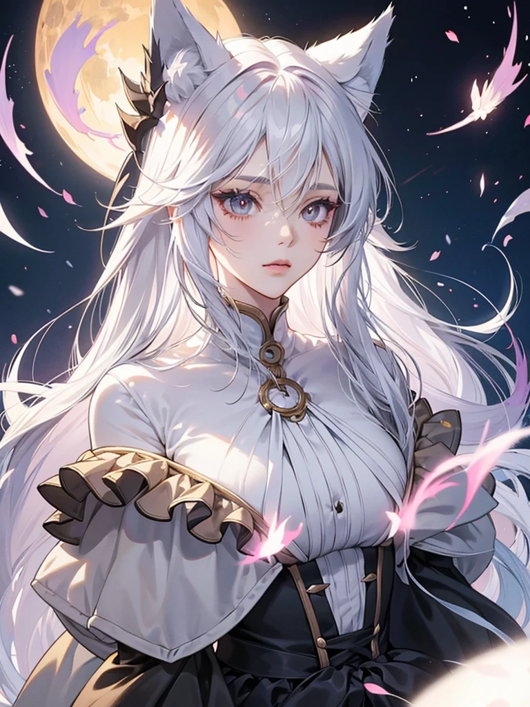Anime woman. Fox ears. Long white hair. Cute. Sweet. Close up. Sharp features. Dark eyeshadow. Cute dress. Fluffy tail. Masterpiece.