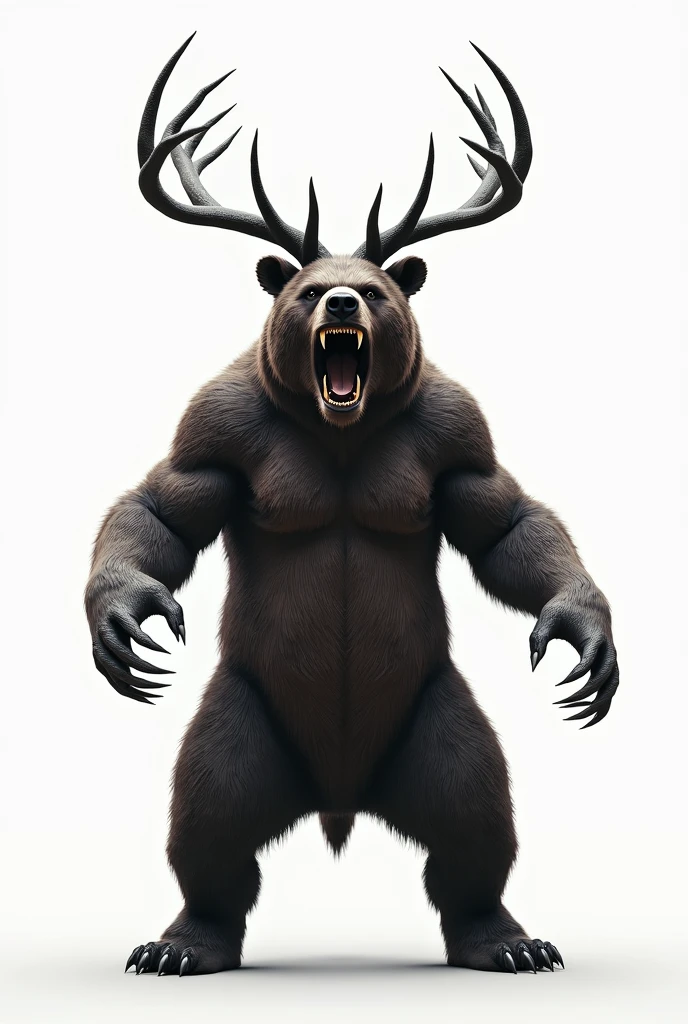 On a white sheet, a bear with deer horns standing showing claws with mouth open, realistic and open-mouthed