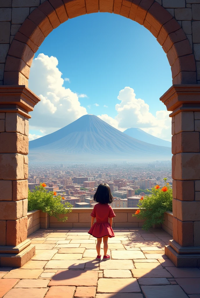 Yanahuara Viewpoint: A viewing point with carved ashlar arches, offering a panoramic view of the city of Arequipa and its three guardian volcanoes, in a quiet and picturesque environment. only stage without people in disney pixar drawing ,the stage in the middle I will put a girl put a space
