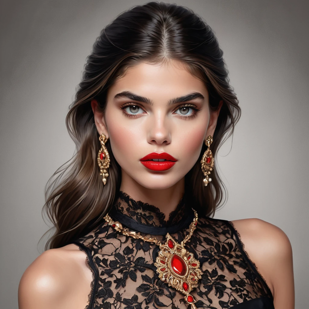 leave, mask, black and white, red lips painted with lipstick, woman 2, elegant, clean, long brown hair, sharp designs, Portrait, head shot, Beautiful woman, Sergeant, necklace, Portrait, pencil drawing Portrait, Sara Sampaio, Renée Moerden, best quality, High resolution, Fashion illustration, elegant models, beautiful detailed eyes, Bright and detailed lips and face., glamour mode, track placement, Bright colors, Elegant black lace dresses, Beautiful accessories, Professional studio lighting, Ultra-fine painting, Realistic textures, Beauty, goddess,best quality, High resolution, Fashion illustration, elegant models, beautiful detailed eyes, Bright and detailed lips and face., glamour mode, track placement, Bright colors, Elegant red dresses, Beautiful accessories, Professional studio lighting, Ultra-fine painting, Realistic textures, Beauty, goddess,