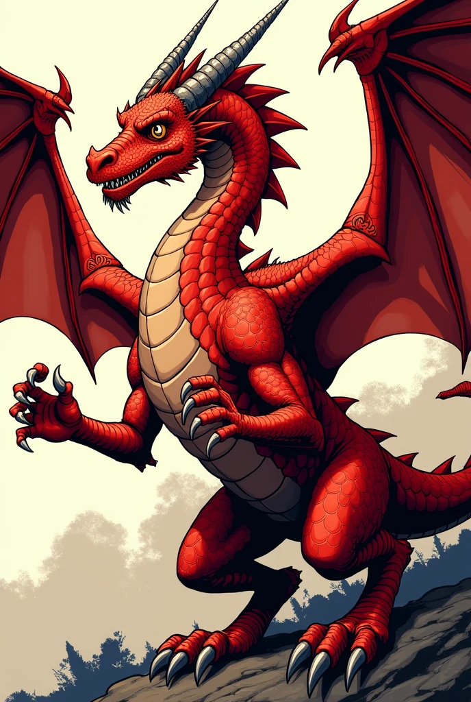 Create a red dragon from D&D 2024, but in a traditional comic book style. The dragon should have bold outlines, flat colors, and shading typical of comic books. Its scales should be a vibrant red, and the wings large and powerful, with some minor battle damage. The horns should curve back, adding to its fierce appearance. Focus on creating a stylized, exaggerated look, avoiding realism, with a classic comic book aesthetic—think bold and dynamic poses, strong lines, and simplified shading. Keep the overall feel heroic and epic.
