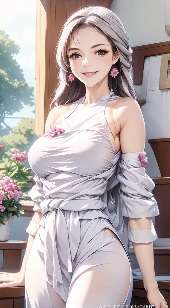 best quality,highres,ultra-detailed,realistic,photorealistic:1.37,portrait, intricate white long dress, ((modest dress)), standing,flowers field,silver long hair,bun hair,smiling woman,close up to abs, ((moderate breast)), beautiful detailed eyes,beautiful detailed lips,flower petals on air,bare shoulders,vivid colors,studio lighting,soft sunlight, happy face, ((cleavages:0.6))