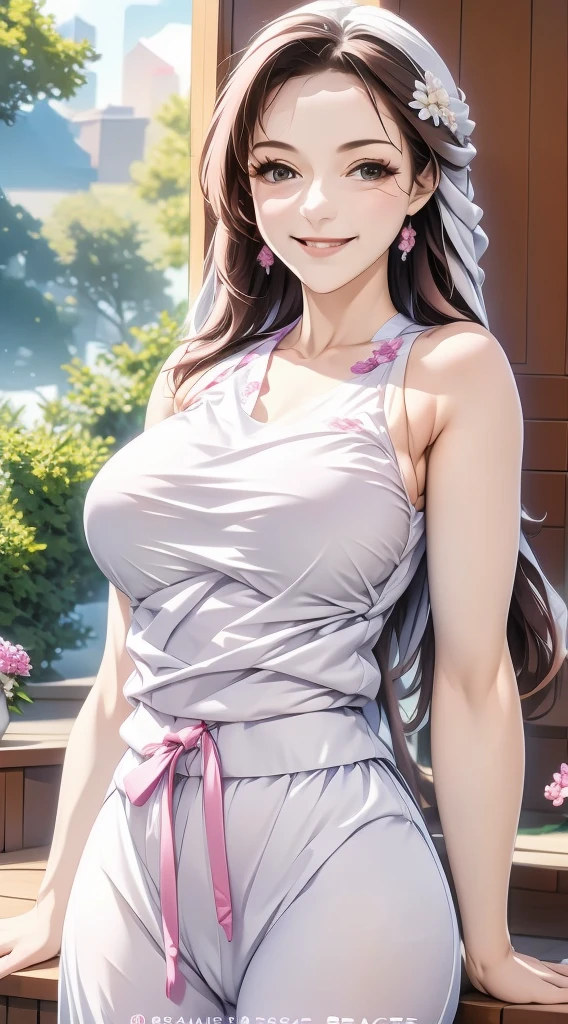 best quality,highres,ultra-detailed,realistic,photorealistic:1.37,portrait, intricate white long dress, ((modest dress)), standing,flowers field,silver long hair,bun hair,smiling woman,close up to abs, ((moderate breast)), beautiful detailed eyes,beautiful detailed lips,flower petals on air,bare shoulders,vivid colors,studio lighting,soft sunlight, happy face, ((cleavages:0.6))